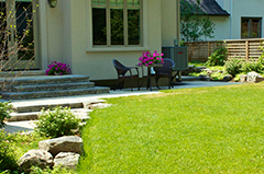 a clean and maintained back yard lawn
